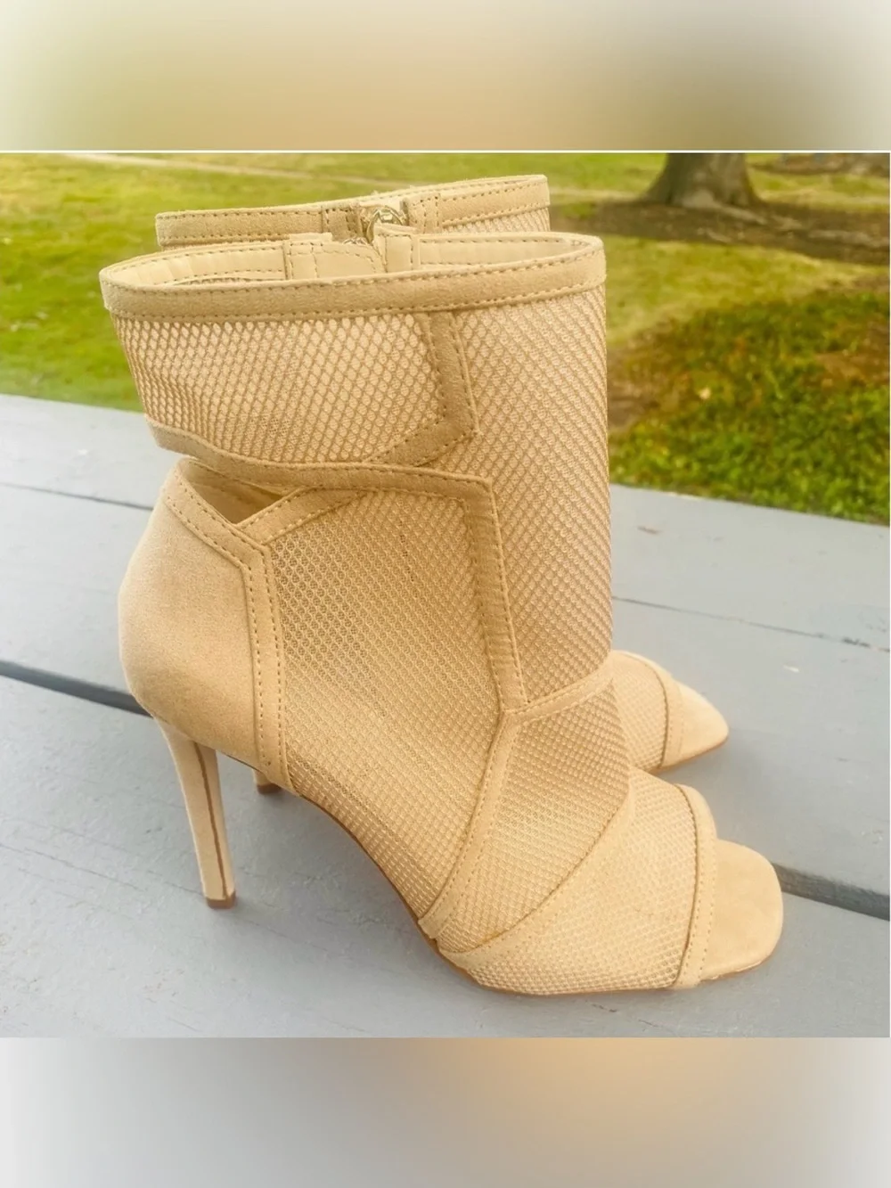 Jessica Simpson Jassie Mesh Peep Toe Booties Beige/Tan Size 8.5 NWOT